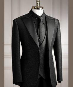Vest đen gấm tuxedo 2 cúc