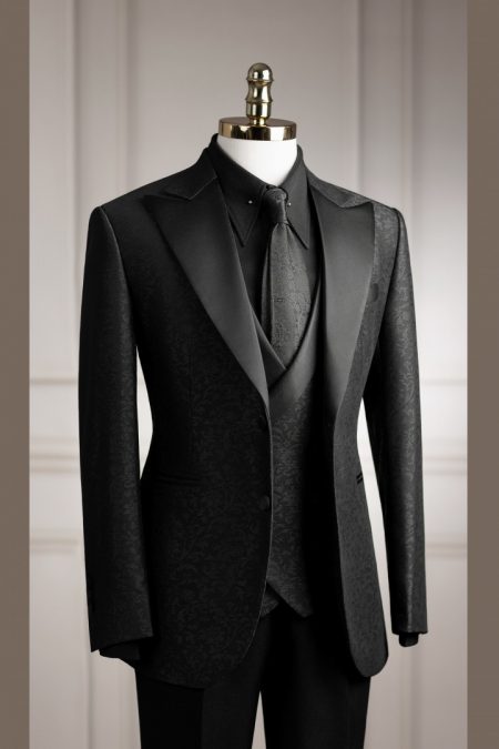 Vest đen gấm tuxedo 2 cúc