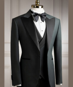Vest xanh rêu tuxedo cổ nhọn 1 cúc