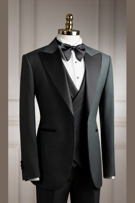 Vest xanh rêu tuxedo cổ nhọn 1 cúc