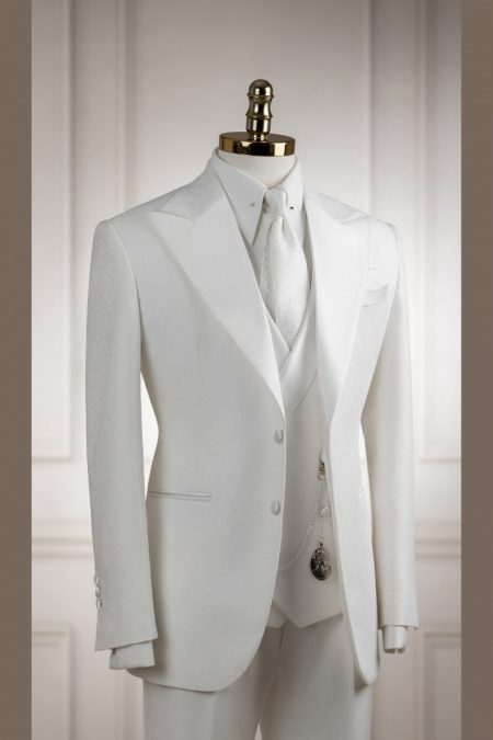Vest trắng gấm cổ nhọn tuxedo 2 cúc