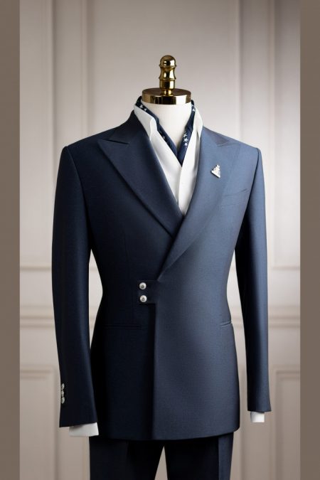 Vest xanh navy kim sa cài chéo cổ nhọn