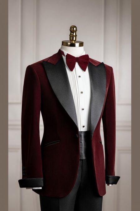 VE.287 Vest đỏ nhung tuxedo hand flip cổ nhọn 1 cúc