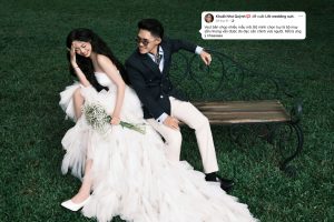 Chú rể Thiên Lý nổi bật trong sắc xanh navy – điểm nhấn phong độ cho khoảnh khắc cưới.