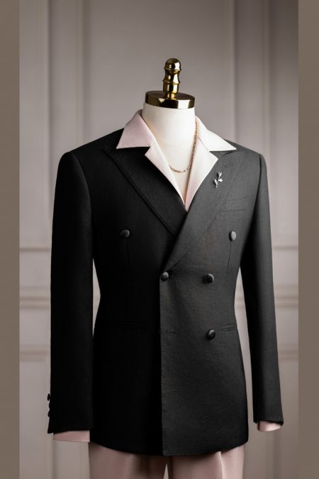 Vest đen xước linen tưng cổ nhọn 6 cúc