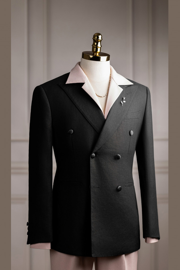 Vest đen xước linen tưng cổ nhọn 6 cúc Vest đen xước linen tưng cổ nhọn 6 cúc