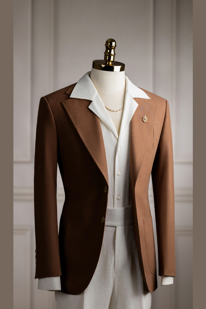 Vest nâu hạt dẻ linen bột cổ K 2 cúc Vest nâu hạt dẻ linen bột cổ K 2 cúc