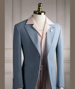Vest xanh sky linen bột cổ K 2 cúc