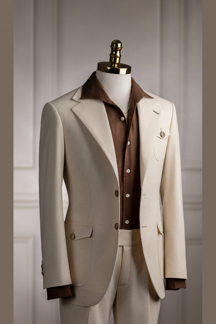 Vest kem sáng linen bột cổ K 2 cúc Vest kem sáng linen bột cổ K 2 cúc