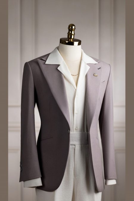 Vest tím gray linen bột cổ nhọn 1 cúc