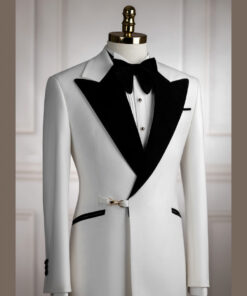 Tuxedo trắng kim sa cài chéo cổ nhọn phi mờ