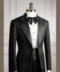 Tuxedo đen vân cá sấu cổ nhọn phi mờ đột chỉ 1 cúc