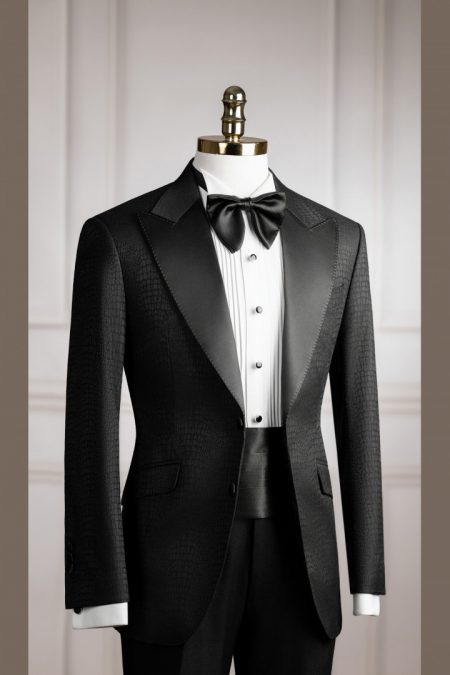 Tuxedo đen vân cá sấu cổ nhọn phi mờ đột chỉ 1 cúc