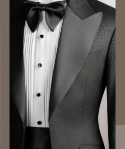 Tuxedo đen vân cá sấu cổ nhọn phi mờ đột chỉ 1 cúc