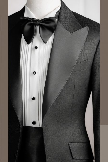 Tuxedo đen vân cá sấu cổ nhọn phi mờ đột chỉ 1 cúc