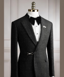 Vest đen Tweed cổ K gài chéo