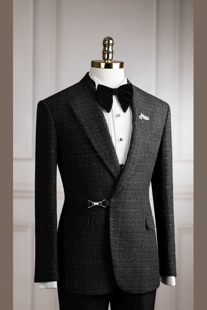 Vest đen Tweed cổ K gài chéo