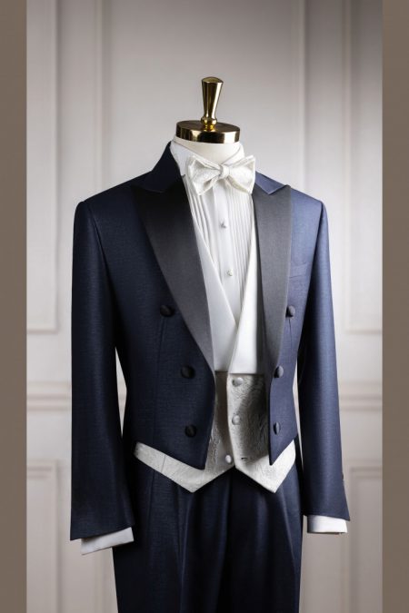 Vest Tuxedo xanh xước kim sa đuôi tôm cổ nhọn 6 cúc