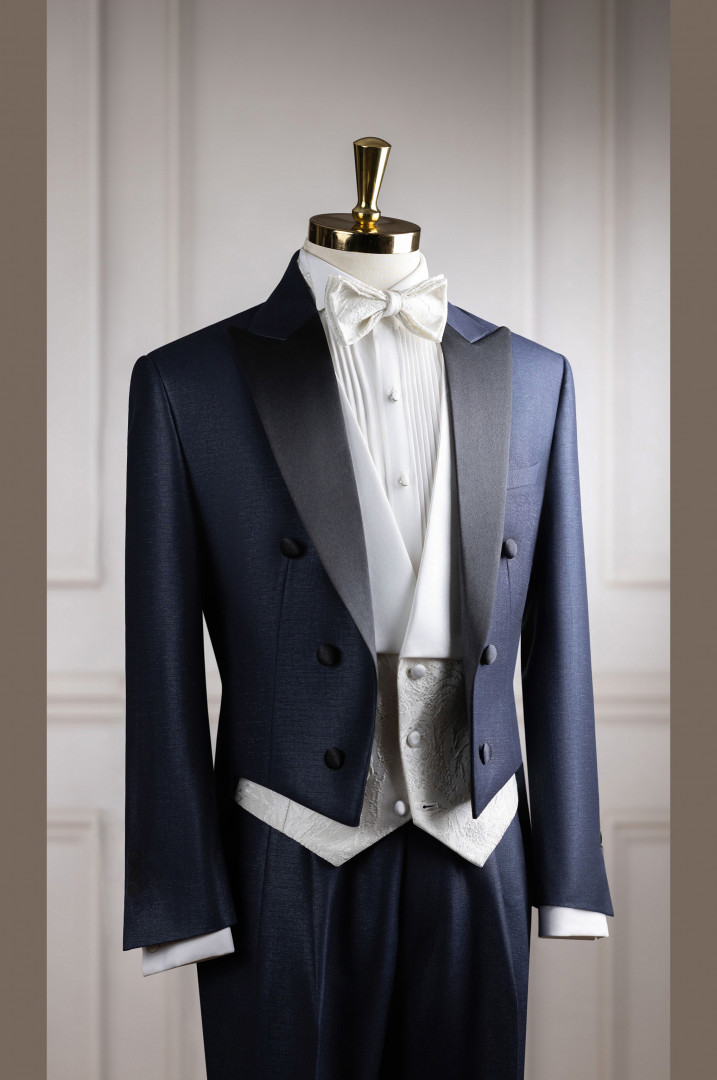 Vest Tuxedo xanh xước kim sa đuôi tôm cổ nhọn 6 cúc