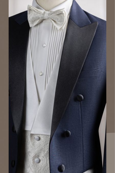 Vest Tuxedo xanh xước kim sa đuôi tôm cổ nhọn 6 cúc
