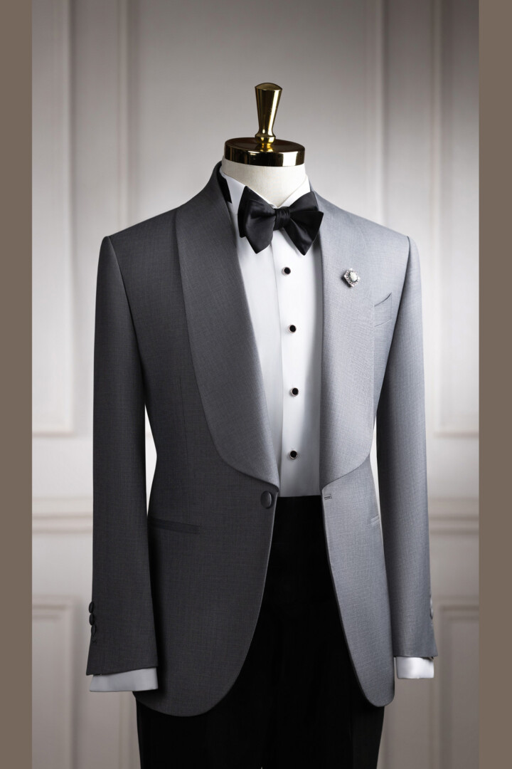 VE.344 Tuxedo xám xước cổ sam 1 cúc