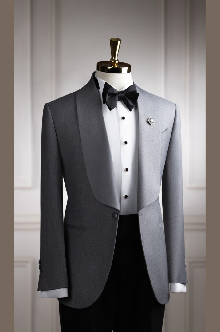Tuxedo xám xước cổ sam 1 cúc