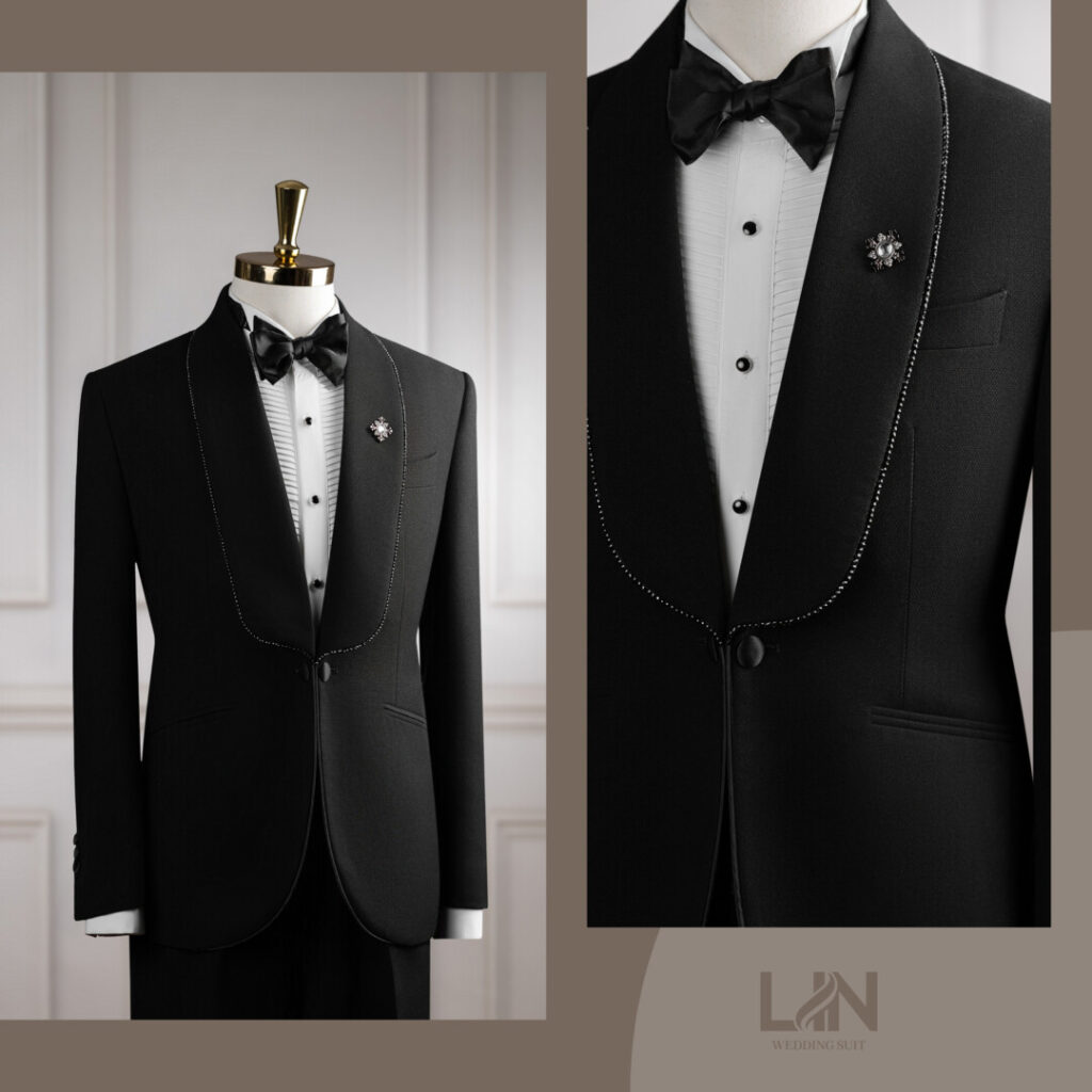 TUXEDO ĐEN CỔ SAM ĐÍNH ĐÁ – TINH TẾ TRONG TỪNG ĐIỂM NHẤN