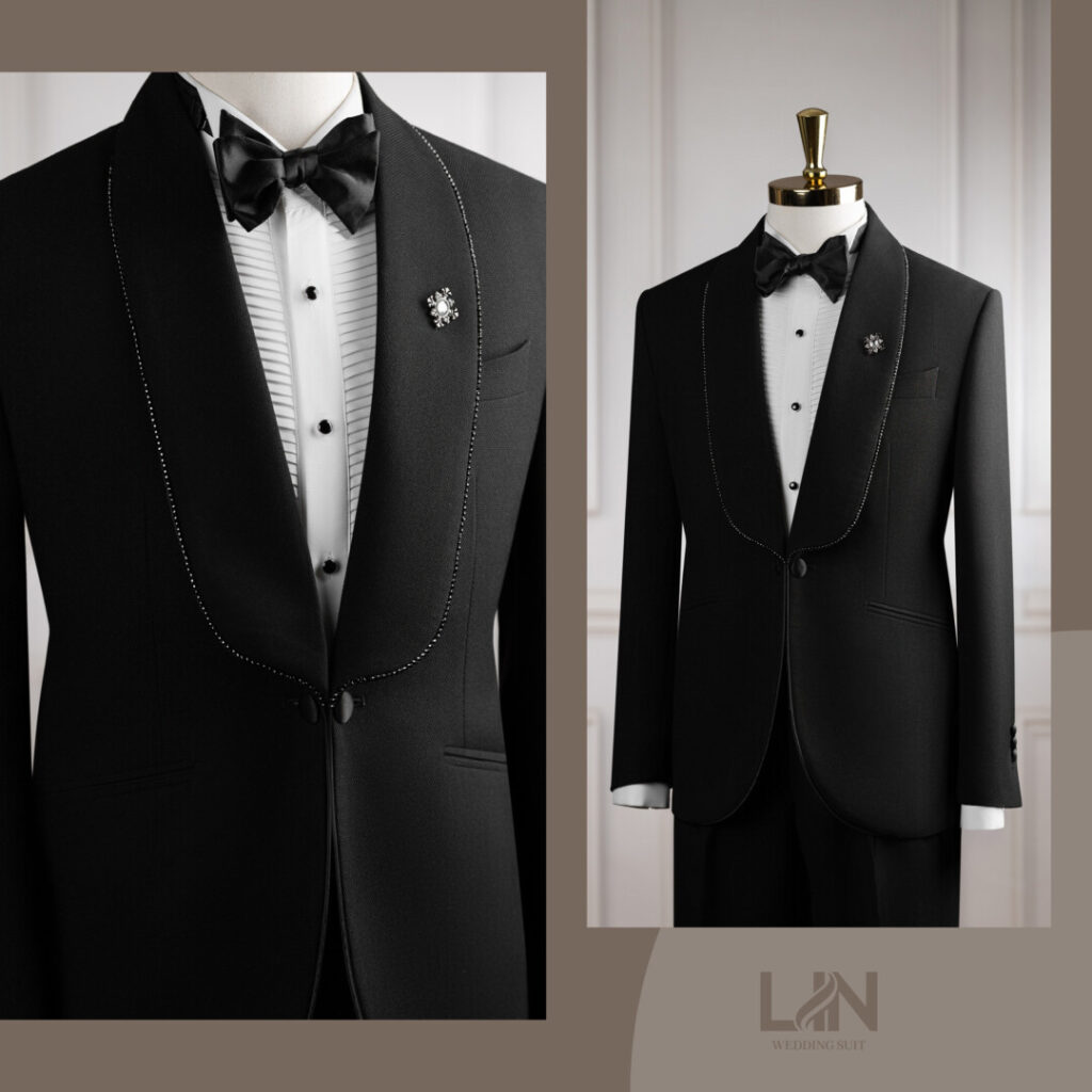 TUXEDO ĐEN CỔ SAM ĐÍNH ĐÁ – TINH TẾ TRONG TỪNG ĐIỂM NHẤN