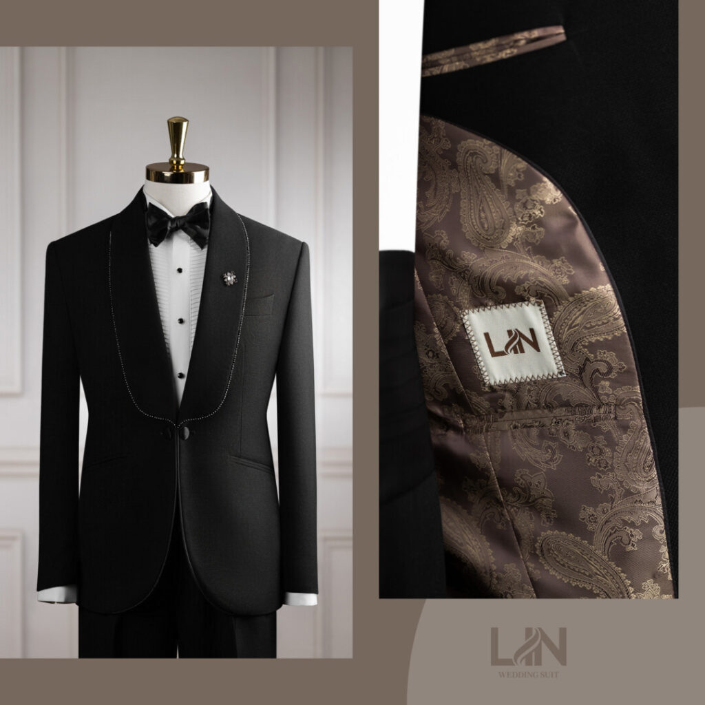 TUXEDO ĐEN CỔ SAM ĐÍNH ĐÁ – TINH TẾ TRONG TỪNG ĐIỂM NHẤN