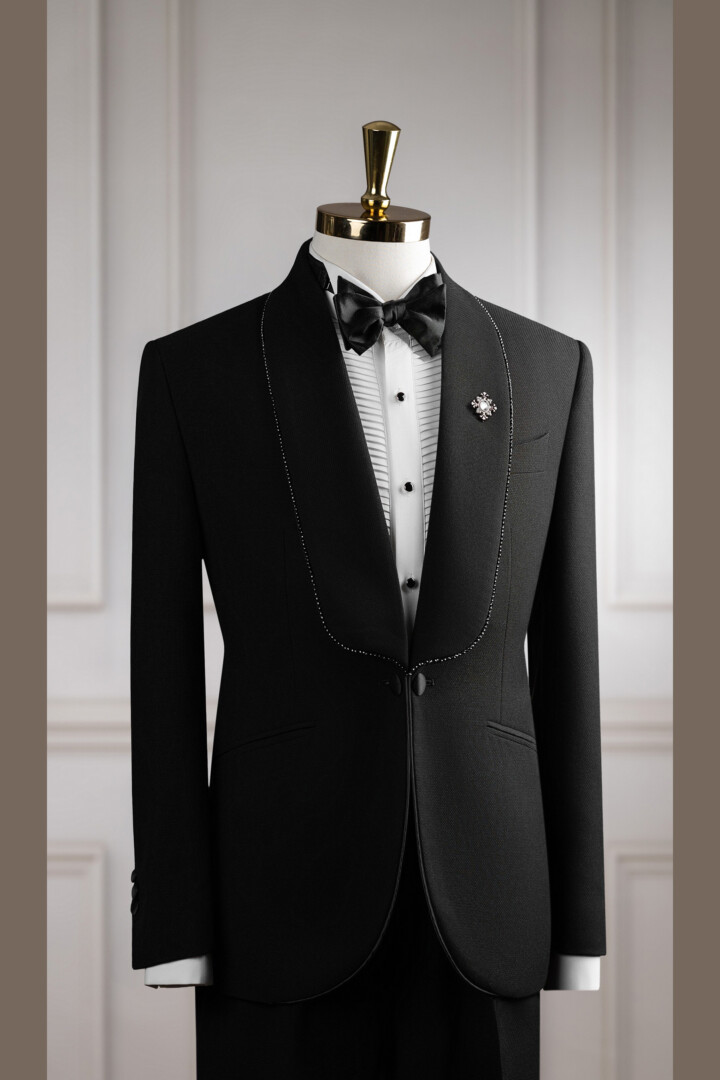 VE.349 Tuxedo đen cổ sam đính đá 1 cúc VE.349 Tuxedo đen cổ sam đính đá 1 cúc